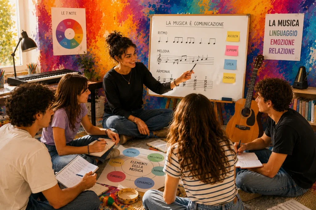 Quaderno musicale con note e piccoli strumenti didattici